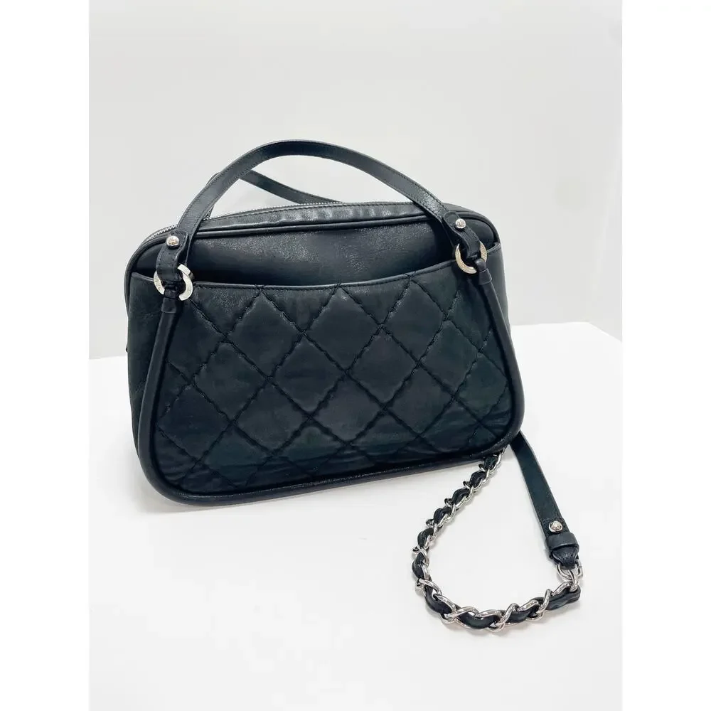 CHANEL Iridescent Calfskin Quilted Relax CC Camera Case Black Silver